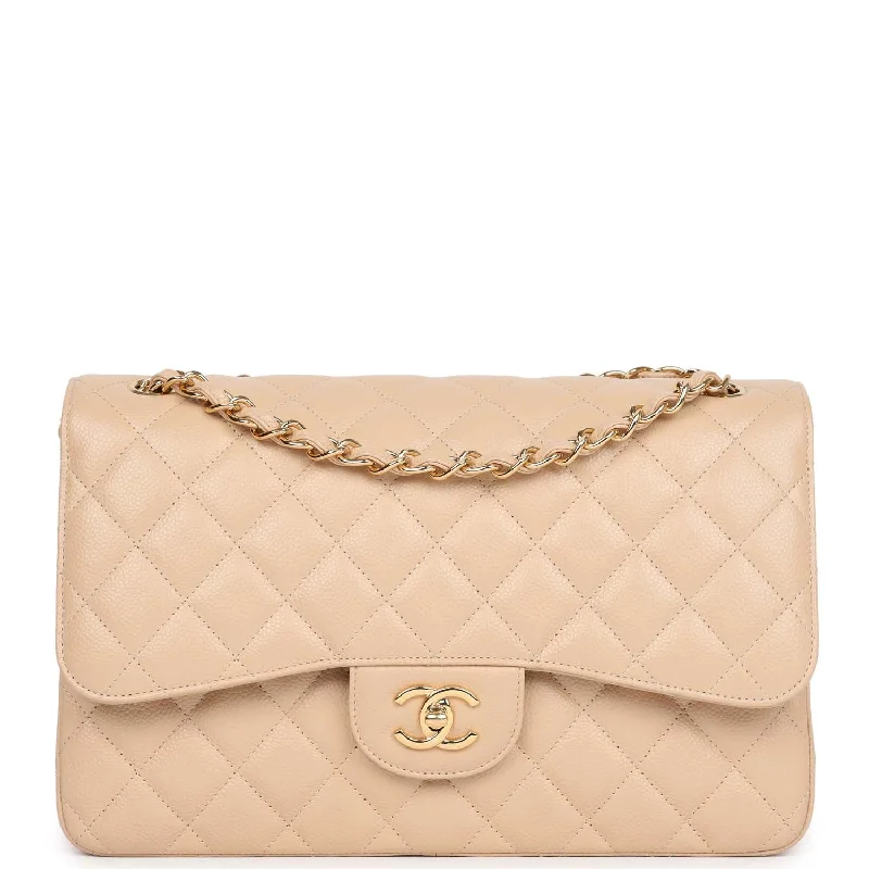 Pre-owned Chanel Jumbo Classic Double Flap Bag Light Beige Caviar Gold Hardware