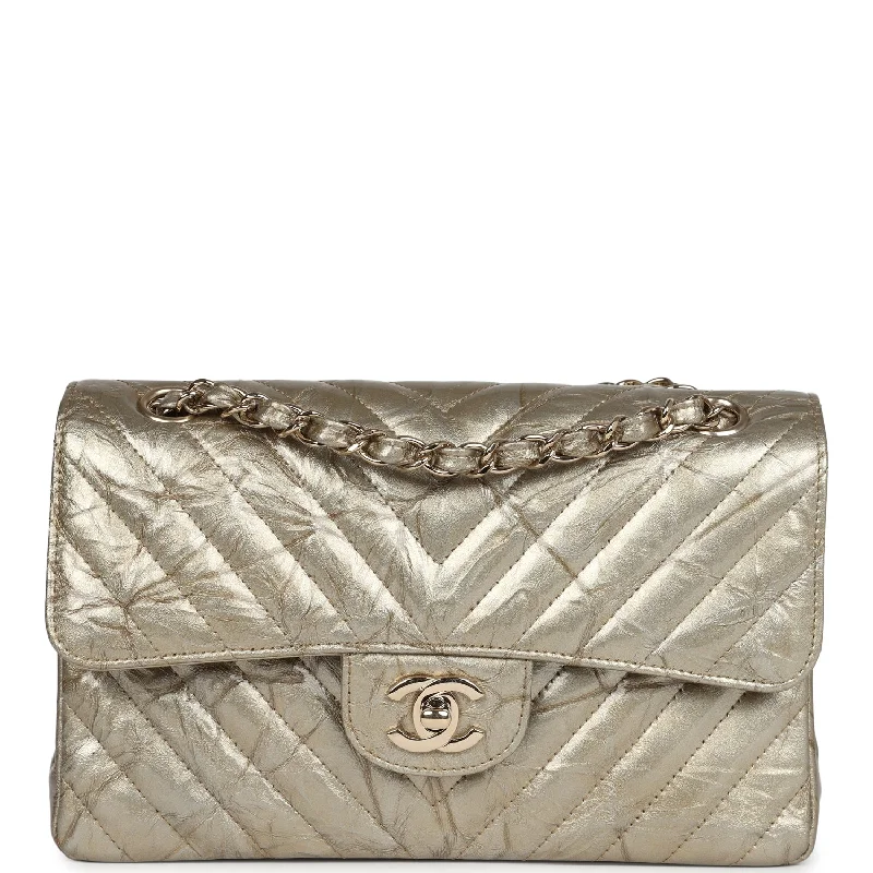 Pre-owned Chanel Small Chevron Double Flap Bag Gold Metallic Patent Aged Calfskin Light Gold Hardware