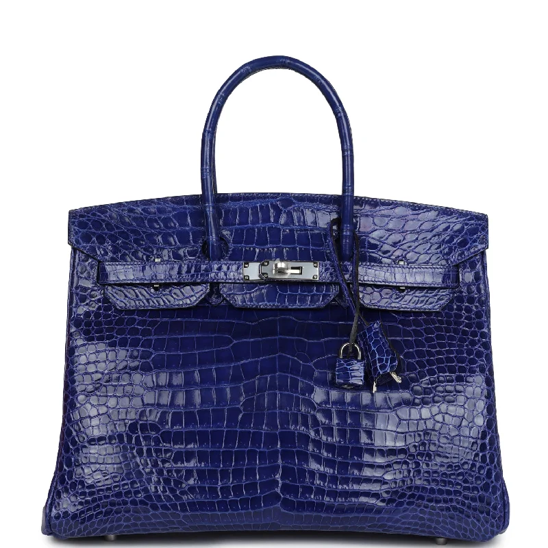 Pre-owned Hermes Birkin 35 Bleu Electric Shiny Porosus Crocodile Palladium Hardware