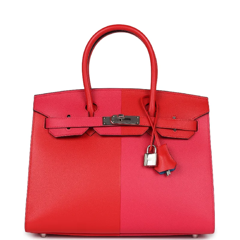 Pre-owned Hermes Casaque Birkin 30 Rouge De Coeur, Rose Extreme and Bleu Zanzibar Epsom Palladium Hardware