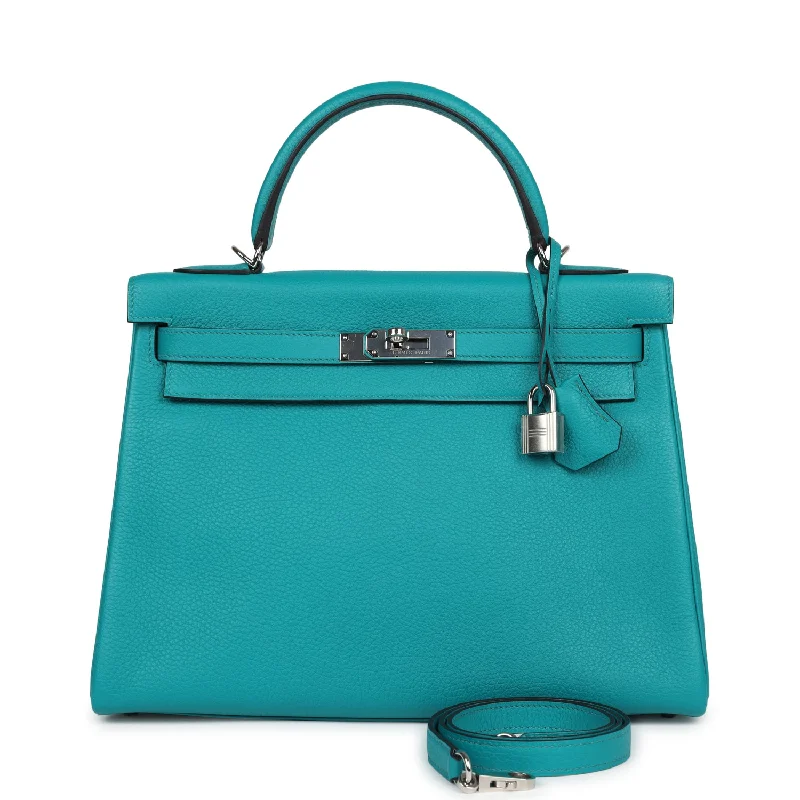 Pre-owned Hermes Kelly Retourne 32 Bleu Paon Clemence Palladium Hardware