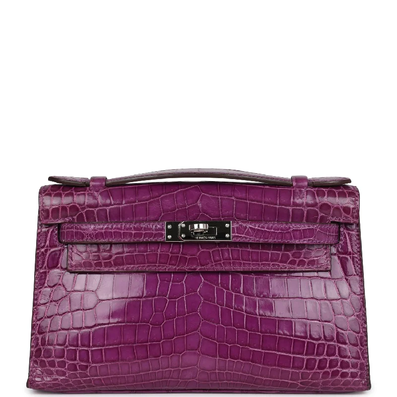 Pre-owned Hermes Kelly Pochette Violet Shiny Niloticus Crocodile Palladium Hardware