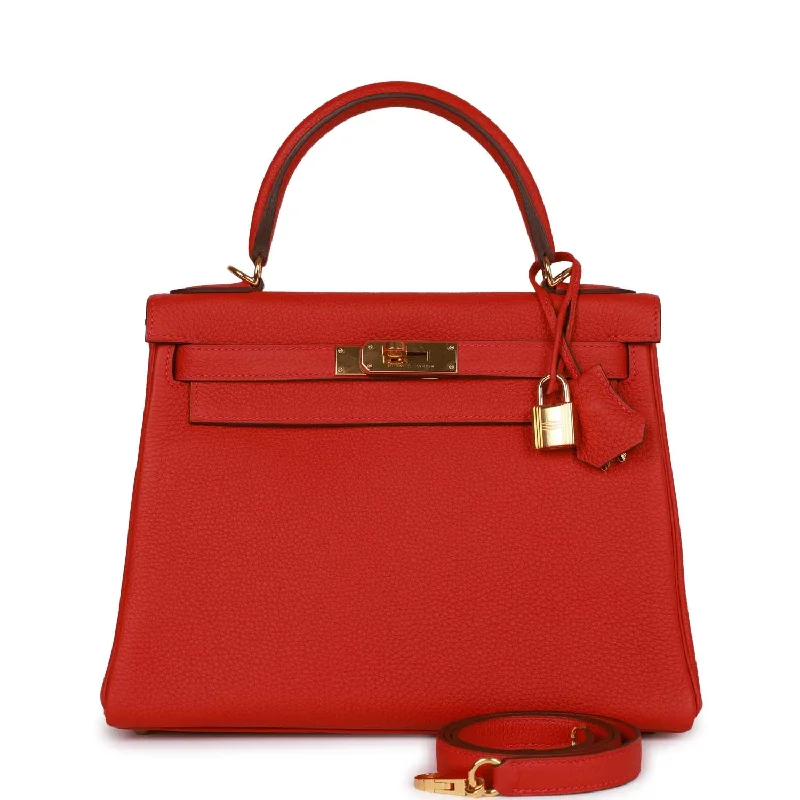 Pre-owned Hermes Kelly Retourne 28 Rouge Casaque Togo Gold Hardware