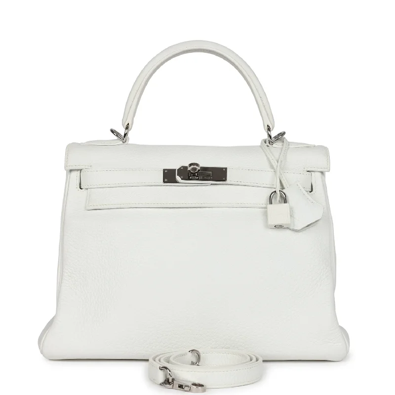 Vintage Hermes Kelly Retourne 28 White Clemence Palladium Hardware