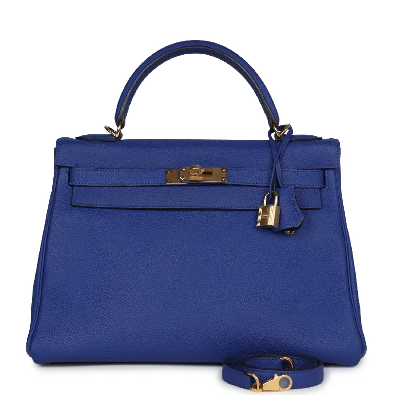 Pre-owned Hermes Kelly Retourne 32 Bleu Electric Togo Gold Hardware