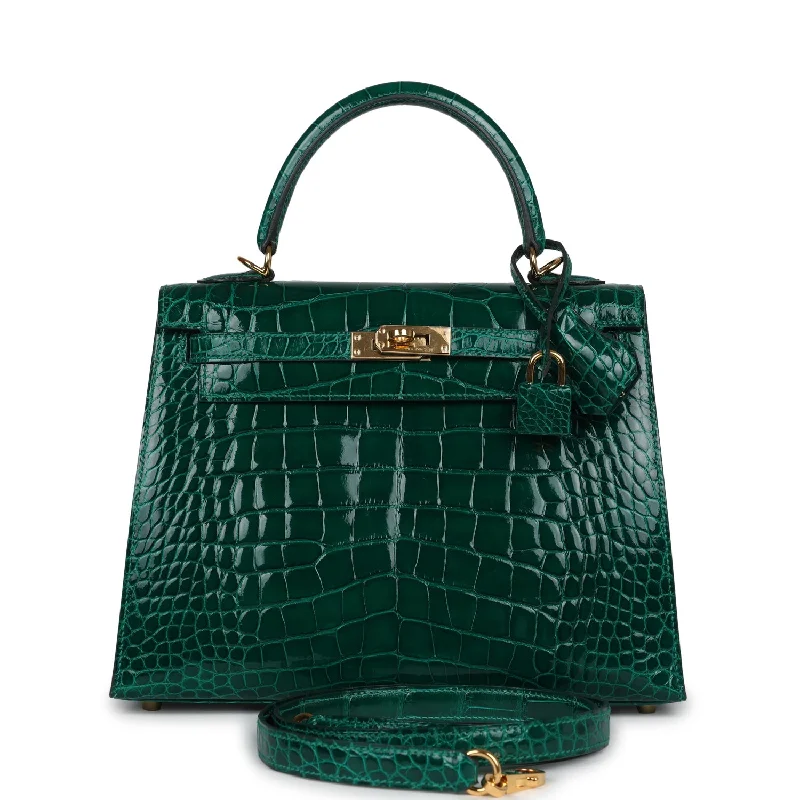 Pre-owned Hermes Kelly Sellier 25 Emerald Shiny Alligator Gold Hardware