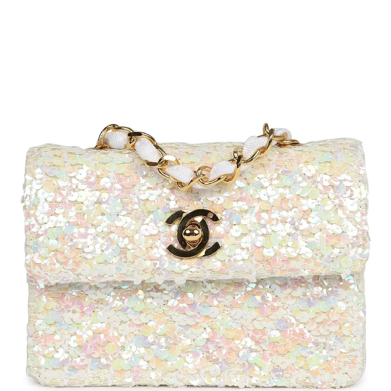 Vintage Chanel Micro Half Flap Iridescent Ivory Sequin Gold Hardware