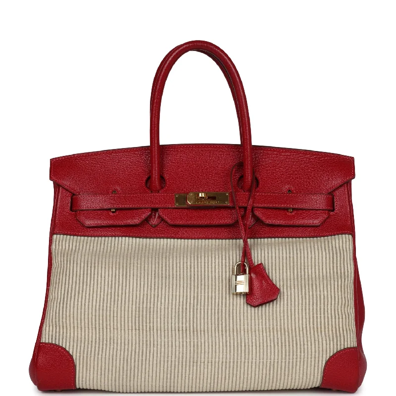 Vintage Hermes Birkin 35 Rouge Vif Buffalo and Crinoline Gold Hardware