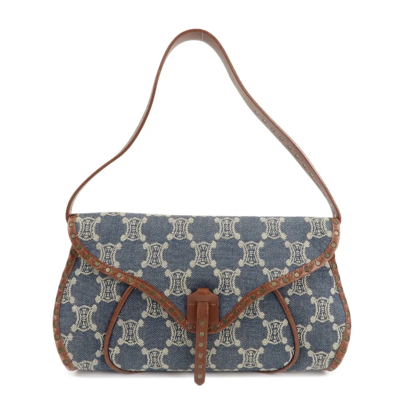 CELINE Macadam Denim Leather Shoulder Bag Blue Brown