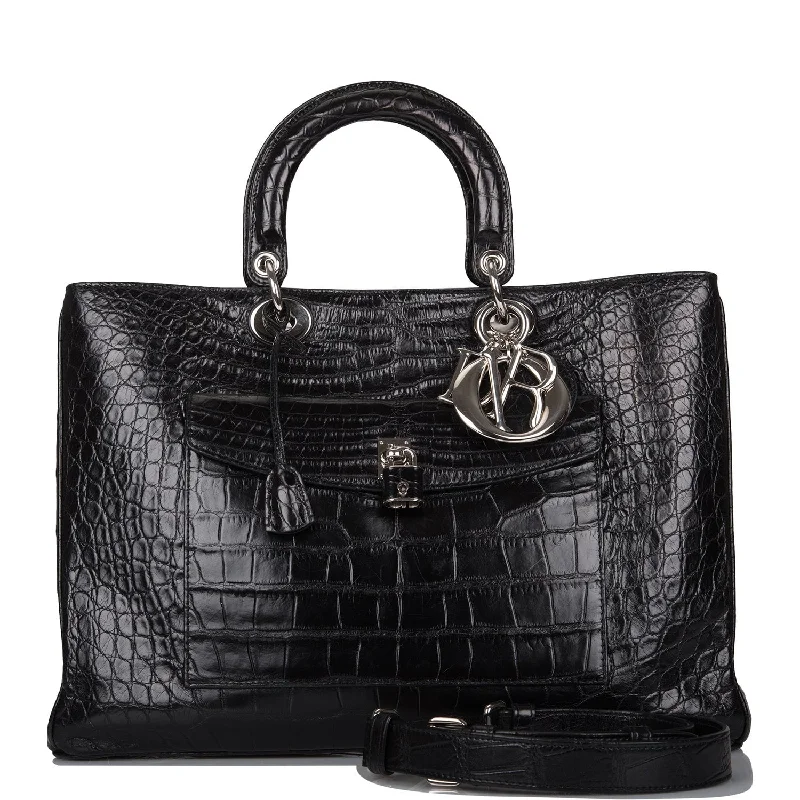 Pre-owned Christian Dior Diorissimo Pocket Tote Black Matte Alligator Silver Hardware