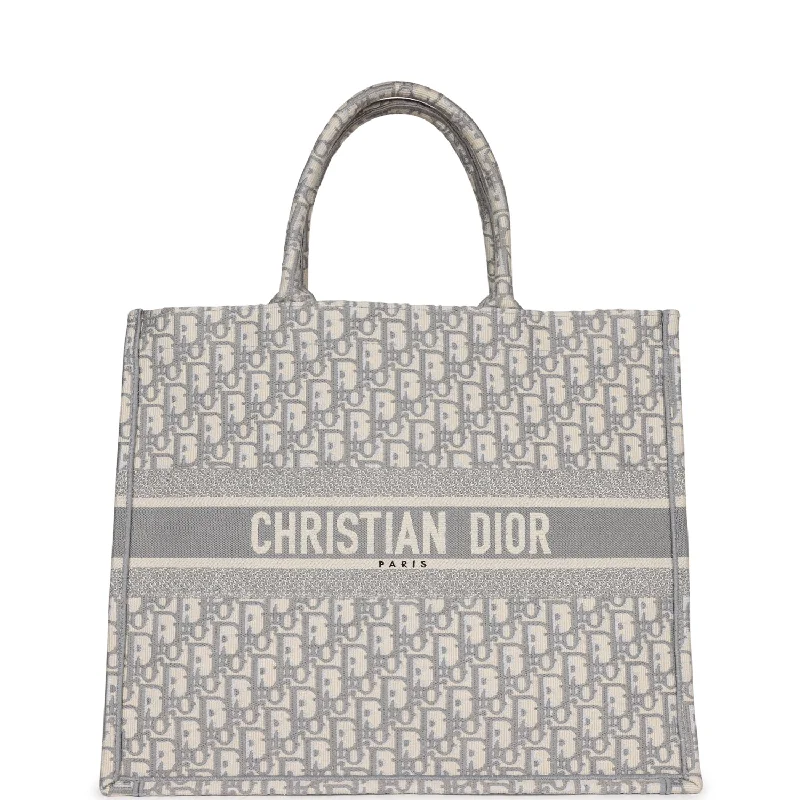 Pre-owned Dior Large Book Tote Grey and White Dior Oblique Embroidery Canvas