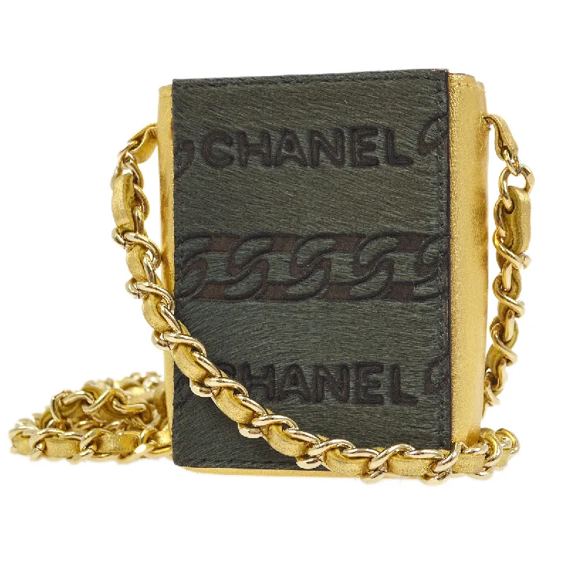 CHANEL 2000-2001 Chain Mini Shoulder Pochette Pony Hair Khaki