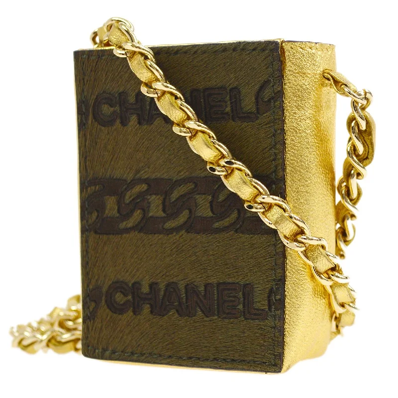 CHANEL 2001 Chain Mini Shoulder Pochette Pony Hair Khaki