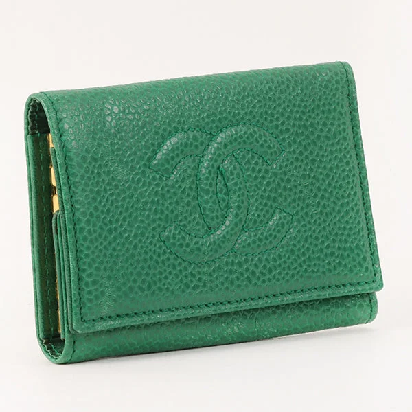 CHANEL Around 1997 Made Caviar Skin Cc Mark Stitch Key Case Green