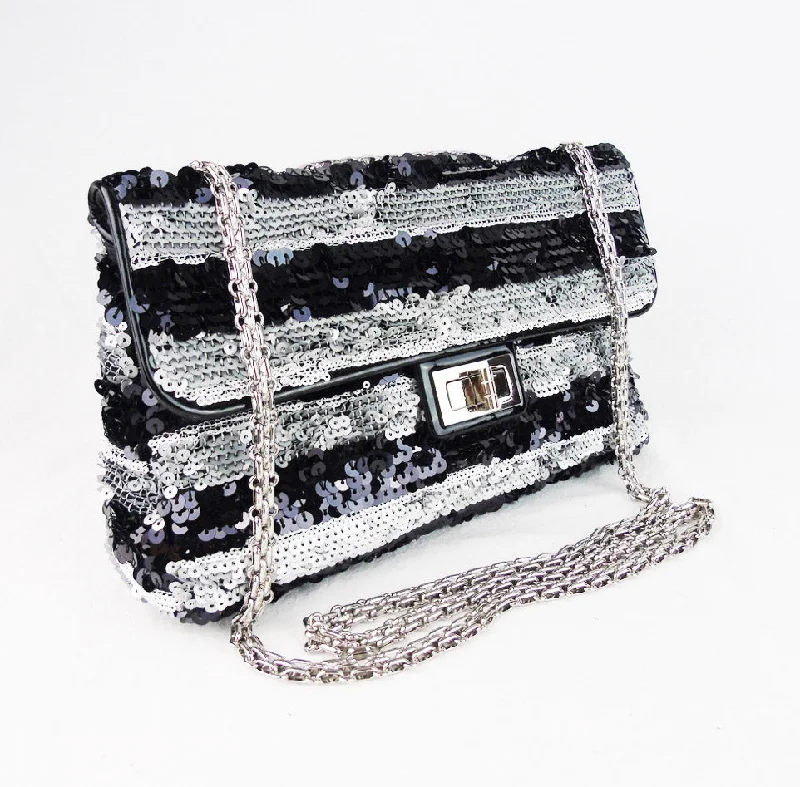 CHANEL black and silver striped sequin 10" flap bag