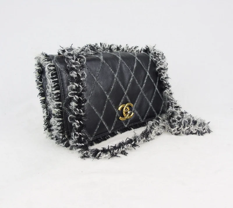 CHANEL Black Leather tweed trim 10" Flap bag