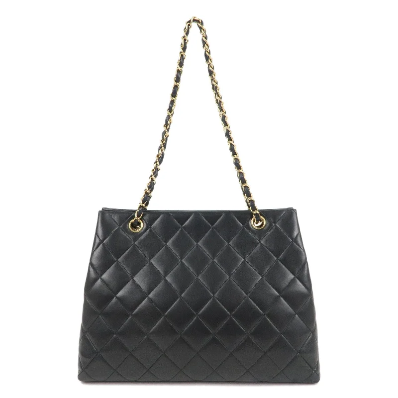 CHANEL Matelasse Lamb Skin Chain Tote Bag Black Gold HDW