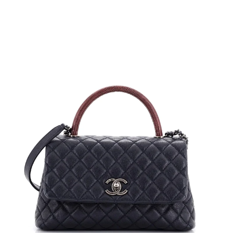 Coco Top Handle Bag Quilted Caviar with Lizard Small